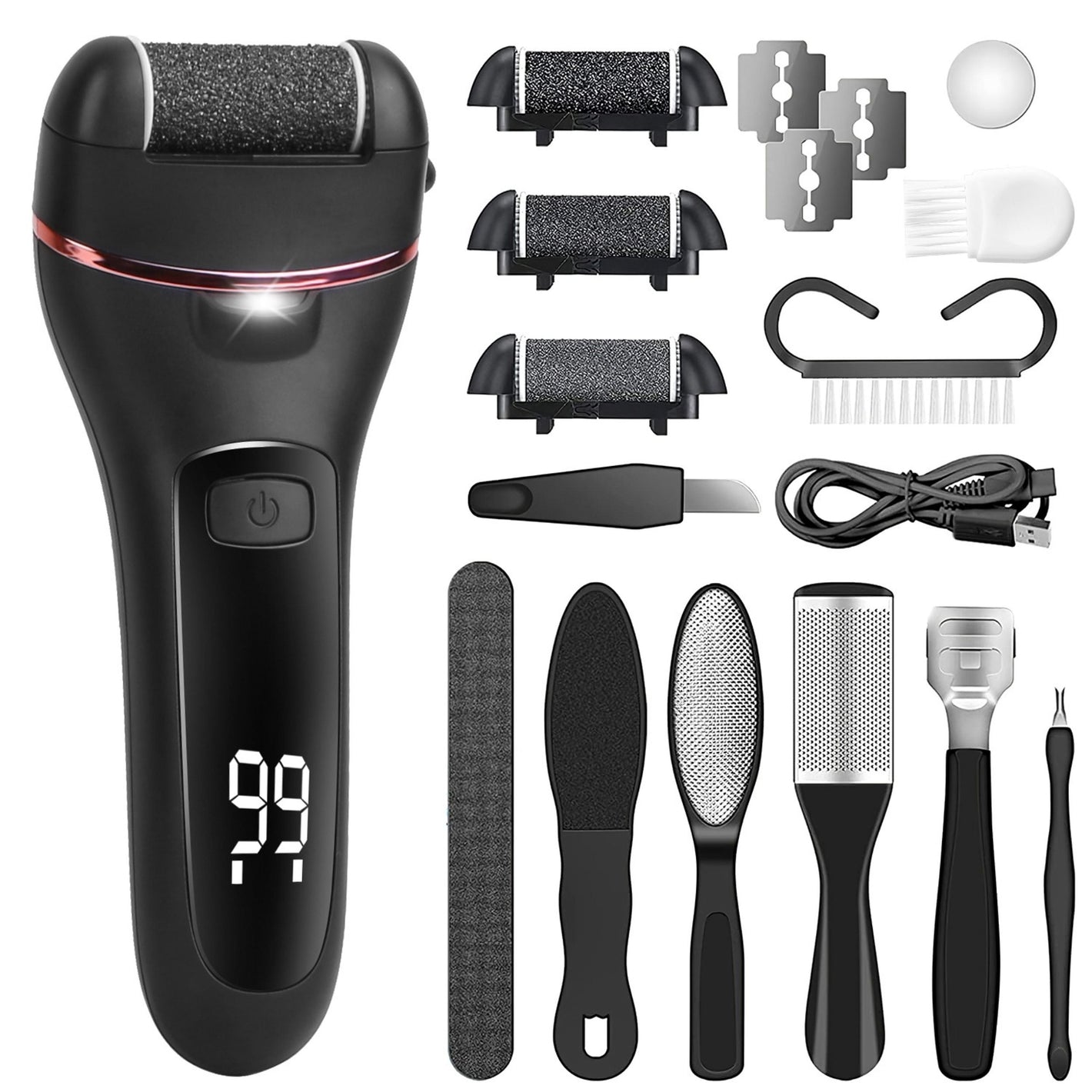 Rechargeable Electric Foot Callus Remover | 3 Roller Heads | 2 Speeds | 18 in 1 Foot Care Tool - Black by VYSN