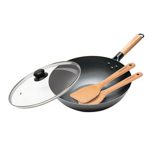 Nonstick Carbon Steel Wok with Glass Lid & Wooden Utensils, 12" (30cm) - Black by VYSN