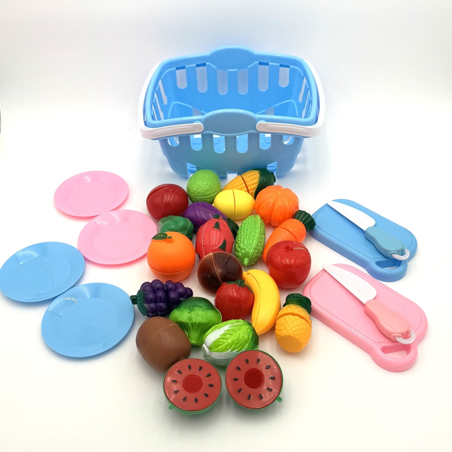 Fun Little Toys Pretend Cutting Food Toys with Shopping Basket, 30 pcs