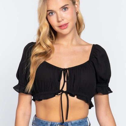 Short Slv Print Crop Woven Top by VYSN