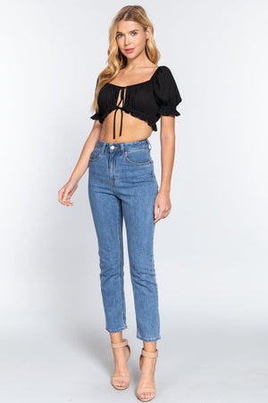 Short Slv Print Crop Woven Top by VYSN